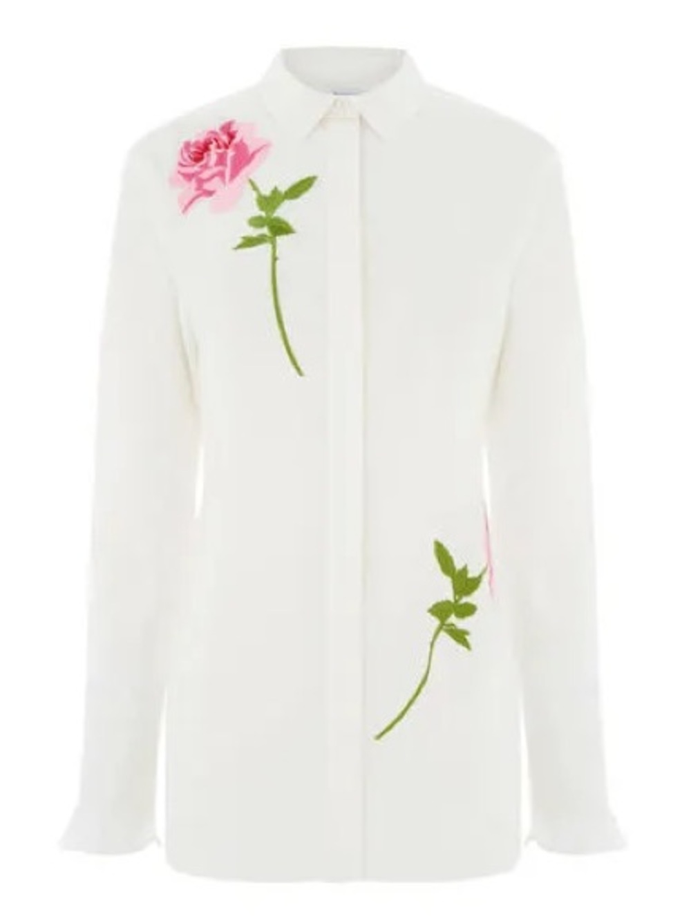 Warehouse White Button-Down Shirt with Pink Rose Embroidery